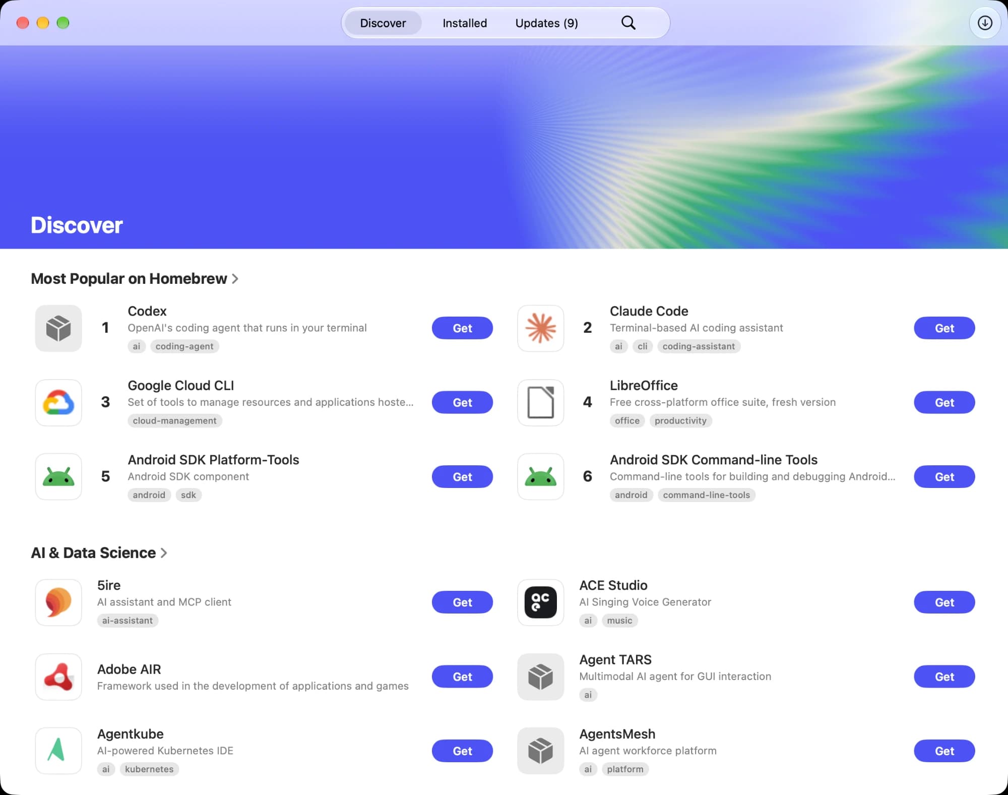 The Workbrew app's Discover view, listing software with Get buttons